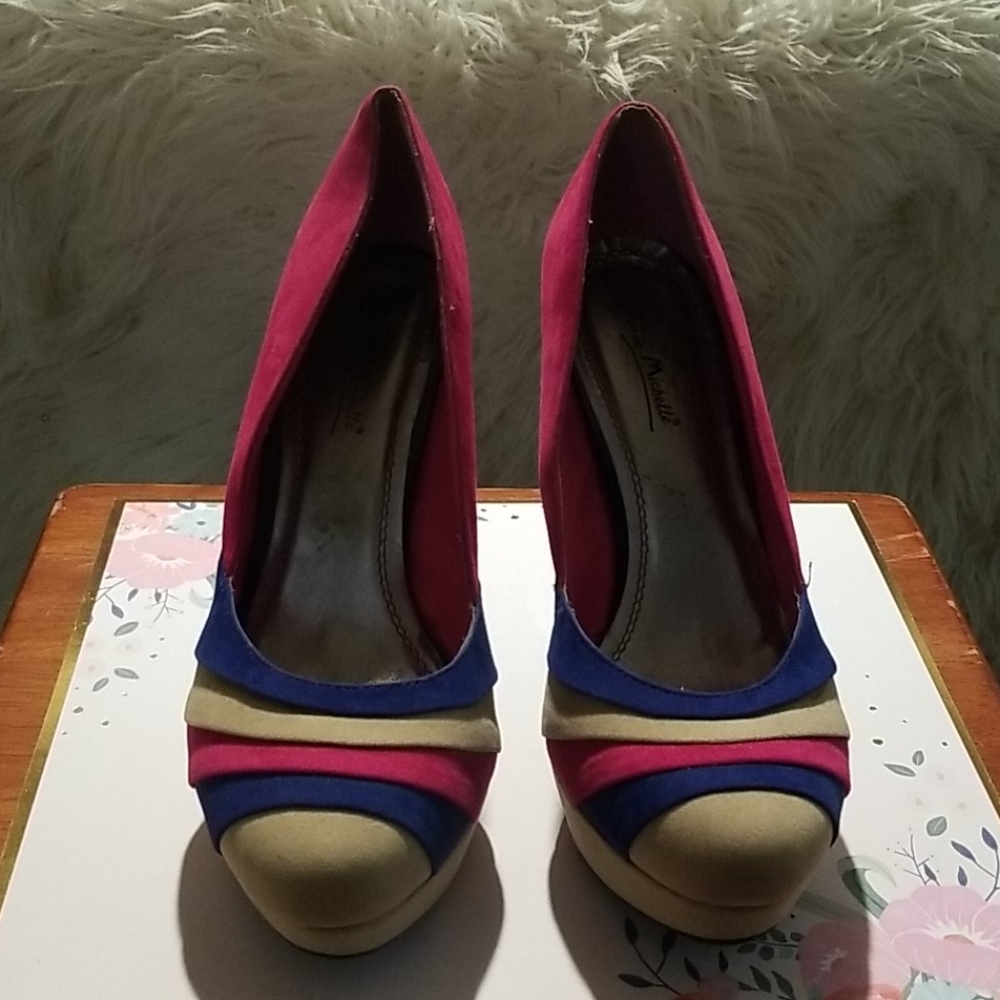 Beige, Blue, & Pink Platform Pumps